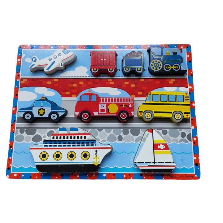 Melissa & Doug, Chunky Vehicle Puzzle, Melissa & Doug Vehicles Chunky Puzzle is a hand-painted puzzle with superior craftsmanship and full colour pictures! Little ones will love how easy it is to grasp the thick, chunky wooden puzzle pieces while matching them to their respective spots on the colourful board. Full colour pictures lie beneath each piece to guide your child while these wooden puzzle pieces even stand on their own for additional pretend play! Help your child develop hand-eye coordination, fine