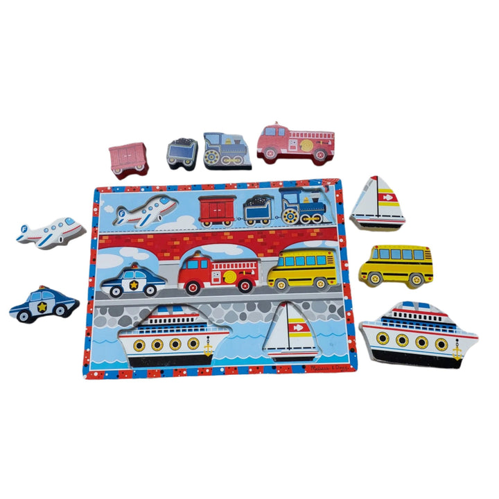 Melissa & Doug, Chunky Vehicle Puzzle, Melissa & Doug Vehicles Chunky Puzzle is a hand-painted puzzle with superior craftsmanship and full colour pictures! Little ones will love how easy it is to grasp the thick, chunky wooden puzzle pieces while matching them to their respective spots on the colourful board. Full colour pictures lie beneath each piece to guide your child while these wooden puzzle pieces even stand on their own for additional pretend play! Help your child develop hand-eye coordination, fine