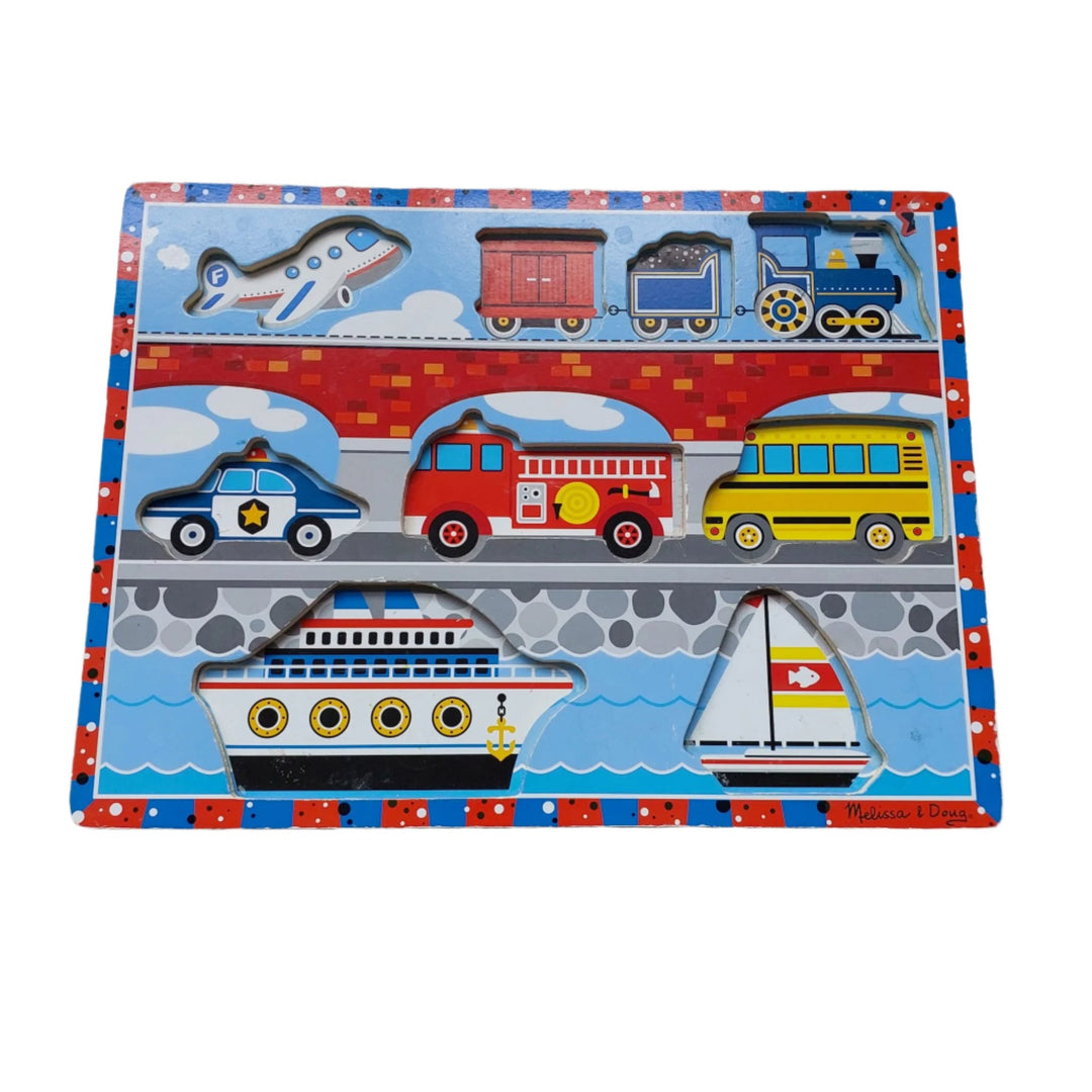 Melissa & Doug, Chunky Vehicle Puzzle, Melissa & Doug Vehicles Chunky Puzzle is a hand-painted puzzle with superior craftsmanship and full colour pictures! Little ones will love how easy it is to grasp the thick, chunky wooden puzzle pieces while matching them to their respective spots on the colourful board. Full colour pictures lie beneath each piece to guide your child while these wooden puzzle pieces even stand on their own for additional pretend play! Help your child develop hand-eye coordination, fine