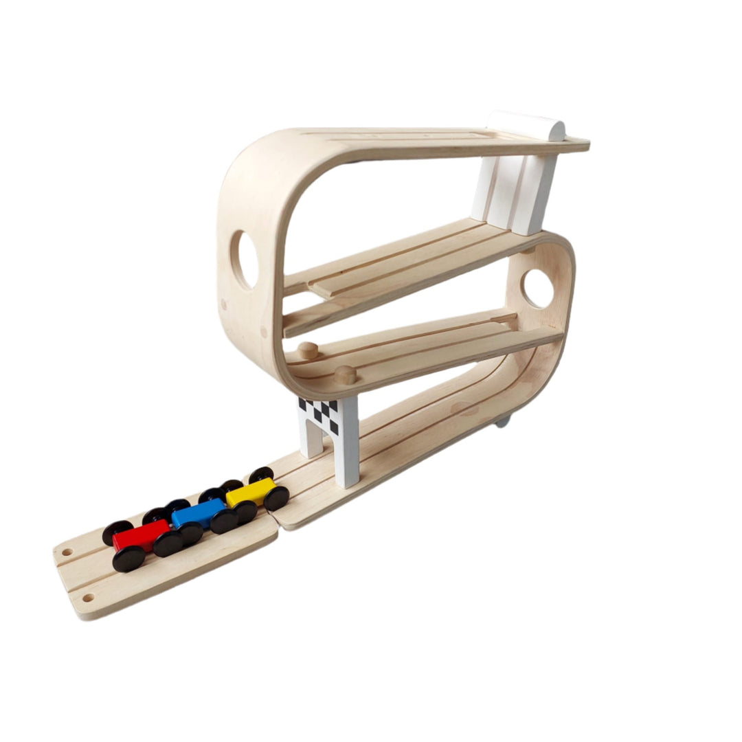 Plan Toys, Wooden Race Track Car Ramp Racer, Ready, set, go! Let the cars go down and watch which one goes the furthest. This is a great toy for developing hand-eye coordination and fine motor skills.