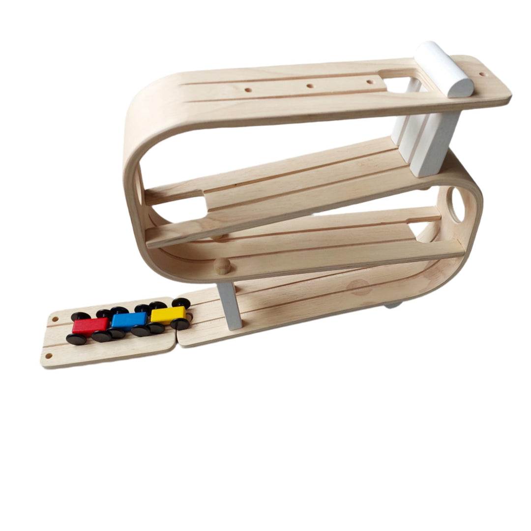 Plan Toys, Wooden Race Track Car Ramp Racer, Ready, set, go! Let the cars go down and watch which one goes the furthest. This is a great toy for developing hand-eye coordination and fine motor skills.