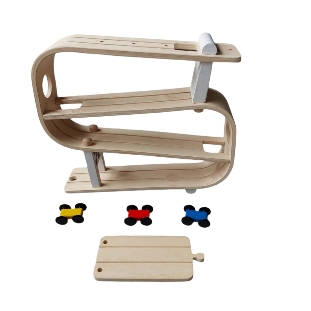 Plan Toys, Wooden Race Track Car Ramp Racer, Ready, set, go! Let the cars go down and watch which one goes the furthest. This is a great toy for developing hand-eye coordination and fine motor skills.