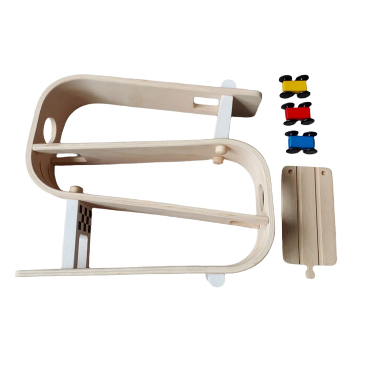 Plan Toys, Wooden Race Track Car Ramp Racer, Ready, set, go! Let the cars go down and watch which one goes the furthest. This is a great toy for developing hand-eye coordination and fine motor skills.