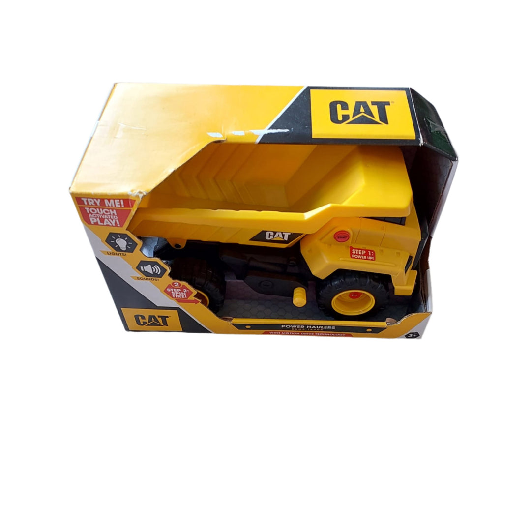 Cat, Power Haulers Dump Truck, With Cat Power Haulers, you take control! These vehicles feature Motion Drive Technology allowing for fun and intuitive play that brings the action to life! With Motion Drive Technology, push the vehicle forward to make the engine rev and activate the lights; push the vehicle backward to hear back-up sounds; move the bucket or dump bed to hear hydraulic sounds and flash the lights.