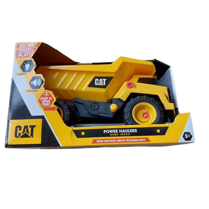 Cat, Power Haulers Dump Truck, With Cat Power Haulers, you take control! These vehicles feature Motion Drive Technology allowing for fun and intuitive play that brings the action to life! With Motion Drive Technology, push the vehicle forward to make the engine rev and activate the lights; push the vehicle backward to hear back-up sounds; move the bucket or dump bed to hear hydraulic sounds and flash the lights.