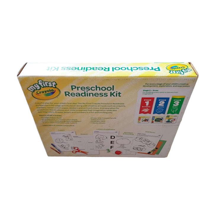 Crayola, My First Crayola Preschool Readiness Kit, The My first Crayola Preschool readiness kit is the creative way to prepare little artists for school. The included activity book was designed with help from education professionals to ensure the activities are meaningful and encourage learning letters, numbers, colors, shapes and more. Includes 40-page activity book, 20 sheets of construction paper, 8 washable markers, 8 washable crayons, 8 hexagonal colored pencils, 3 sticker sheets, 1 glue stick, and 1 p