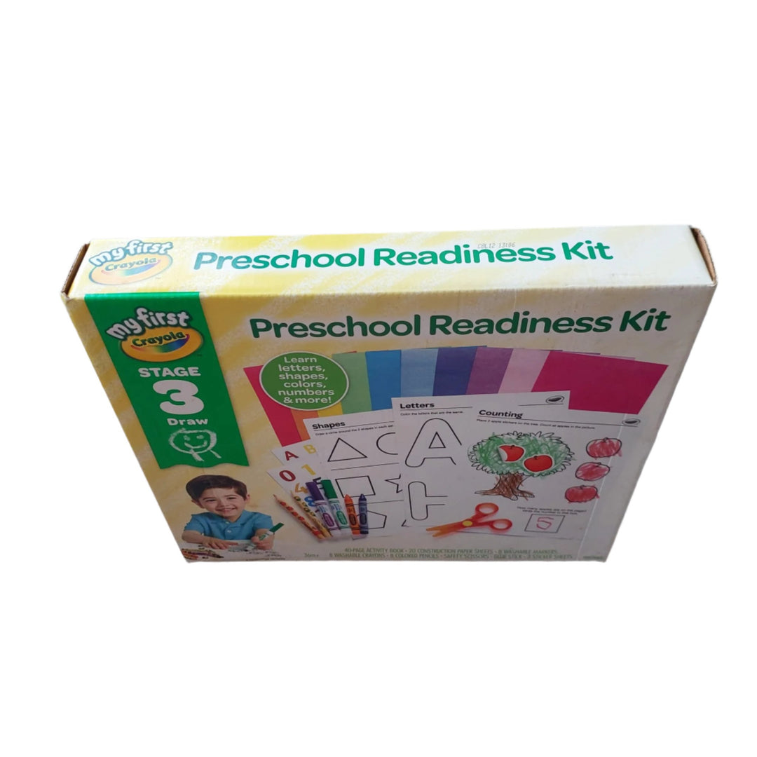 Crayola, My First Crayola Preschool Readiness Kit, The My first Crayola Preschool readiness kit is the creative way to prepare little artists for school. The included activity book was designed with help from education professionals to ensure the activities are meaningful and encourage learning letters, numbers, colors, shapes and more. Includes 40-page activity book, 20 sheets of construction paper, 8 washable markers, 8 washable crayons, 8 hexagonal colored pencils, 3 sticker sheets, 1 glue stick, and 1 p