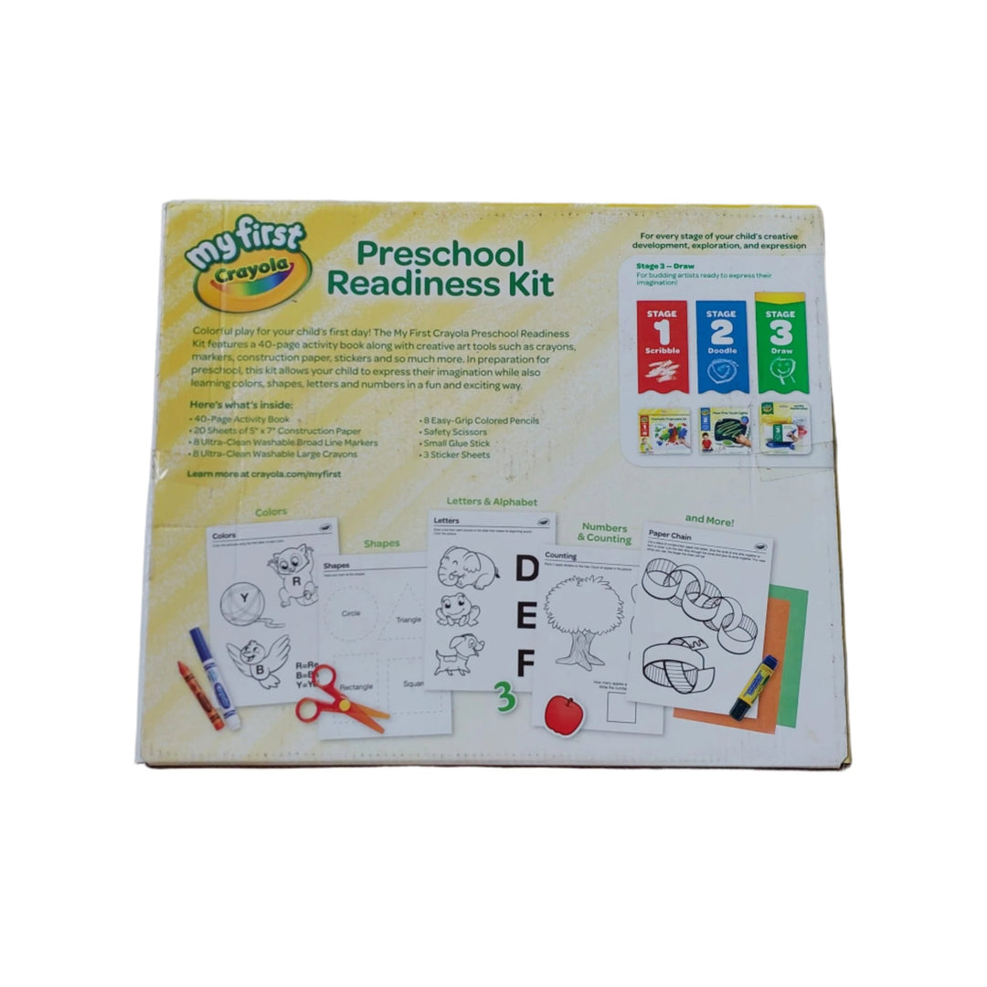 Crayola, My First Crayola Preschool Readiness Kit, The My first Crayola Preschool readiness kit is the creative way to prepare little artists for school. The included activity book was designed with help from education professionals to ensure the activities are meaningful and encourage learning letters, numbers, colors, shapes and more. Includes 40-page activity book, 20 sheets of construction paper, 8 washable markers, 8 washable crayons, 8 hexagonal colored pencils, 3 sticker sheets, 1 glue stick, and 1 p