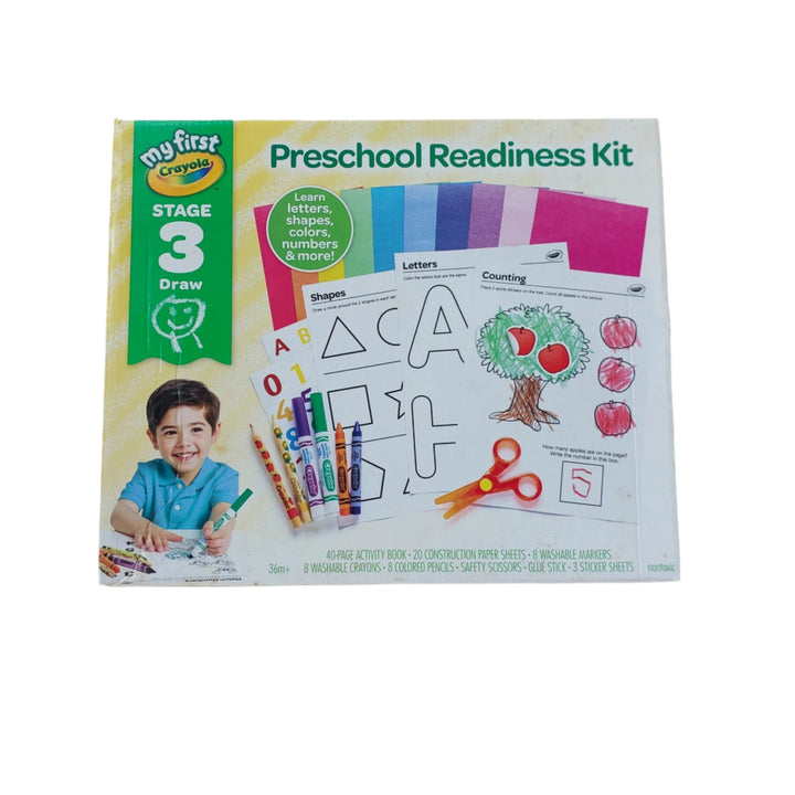 Crayola, My First Crayola Preschool Readiness Kit, The My first Crayola Preschool readiness kit is the creative way to prepare little artists for school. The included activity book was designed with help from education professionals to ensure the activities are meaningful and encourage learning letters, numbers, colors, shapes and more. Includes 40-page activity book, 20 sheets of construction paper, 8 washable markers, 8 washable crayons, 8 hexagonal colored pencils, 3 sticker sheets, 1 glue stick, and 1 p