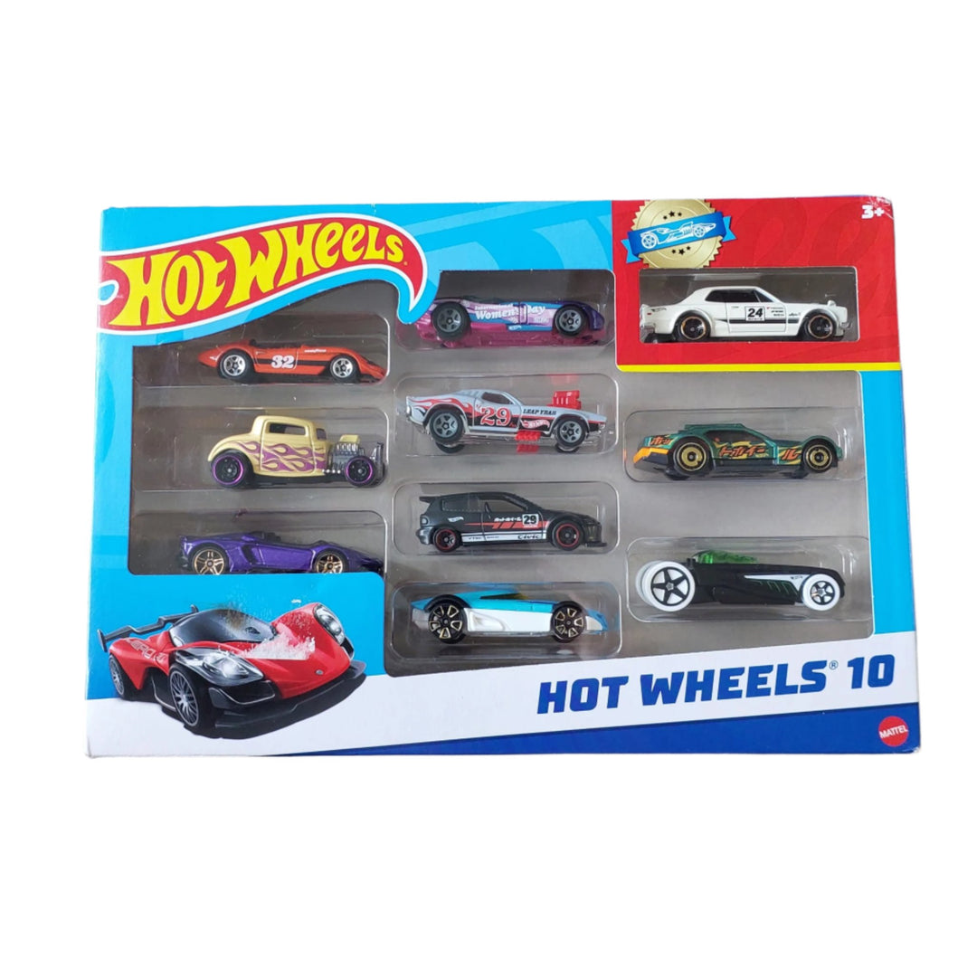 Hot Wheels, Hot Wheels 10 Pack, Creative & Imaginative Play, This 10-Pack of die-cast race cars is perfect for accelerating a collection of extremely fast Hot Wheels vehicles. In addition to seven Hot Wheels originals, such as the El Segundo Coupe and Group C Fantasy for high-octane styling, it offers three fully licensed vehicles: a 1:64 size Corvette Greenwood, a Lamborghini Centenario Roadster, and a McLaren Speedtail. For any occasion, this multipack makes a thoughtful present. Decorations and colours c