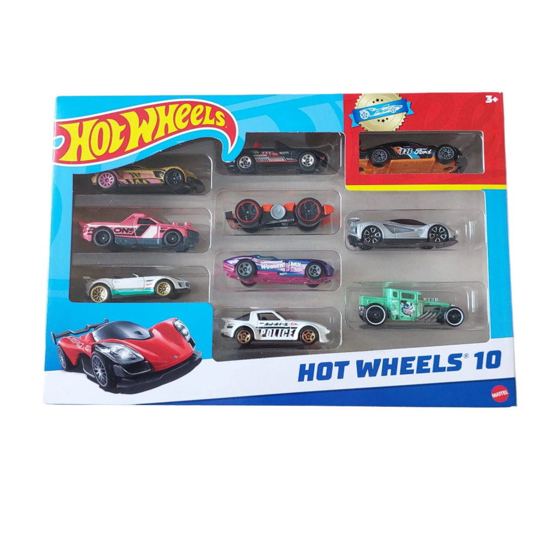 Hot Wheels, Hot Wheels 10 Pack, Creative & Imaginative Play, This 10-Pack of die-cast race cars is perfect for accelerating a collection of extremely fast Hot Wheels vehicles. In addition to seven Hot Wheels originals, such as the El Segundo Coupe and Group C Fantasy for high-octane styling, it offers three fully licensed vehicles: a 1:64 size Corvette Greenwood, a Lamborghini Centenario Roadster, and a McLaren Speedtail. For any occasion, this multipack makes a thoughtful present. Decorations and colours c