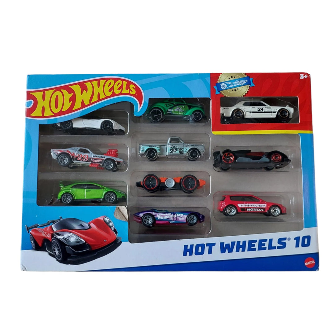 Hot Wheels, Hot Wheels 10 Pack, Creative & Imaginative Play, This 10-Pack of die-cast race cars is perfect for accelerating a collection of extremely fast Hot Wheels vehicles. In addition to seven Hot Wheels originals, such as the El Segundo Coupe and Group C Fantasy for high-octane styling, it offers three fully licensed vehicles: a 1:64 size Corvette Greenwood, a Lamborghini Centenario Roadster, and a McLaren Speedtail. For any occasion, this multipack makes a thoughtful present. Decorations and colours c