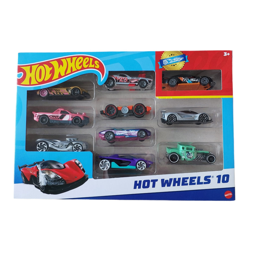 Hot Wheels, Hot Wheels 10 Pack, Creative & Imaginative Play, This 10-Pack of die-cast race cars is perfect for accelerating a collection of extremely fast Hot Wheels vehicles. In addition to seven Hot Wheels originals, such as the El Segundo Coupe and Group C Fantasy for high-octane styling, it offers three fully licensed vehicles: a 1:64 size Corvette Greenwood, a Lamborghini Centenario Roadster, and a McLaren Speedtail. For any occasion, this multipack makes a thoughtful present. Decorations and colours c