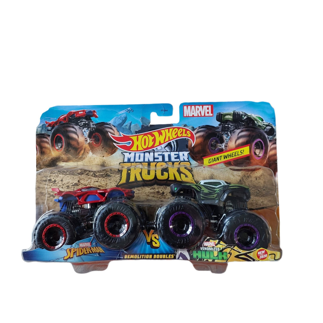 Hot Wheels, Spider Man VS Venomized Hulk Monster Trucks, With even more accurate designs, these 1:64 scale trucks are made with durable die-cast metal parts