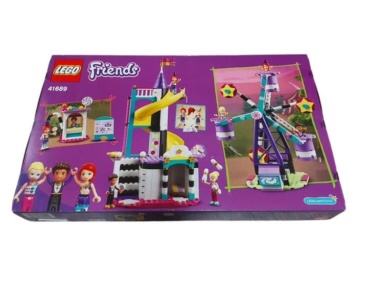 Lego, Lego Friends Magical Ferris Wheel and Slide (41689), Kids need no longer wait for the carnival to roll into town to experience the fun of the fair. LEGO® Friends Magical Funfair Ferris Wheel and Slide (41689) brings carnival fun to kids’ bedroom every day. They can spin round on the pretty Ferris Wheel with its cute, purple, top-hat-style carriages, serve at the candy stall and entertain the crowds by performing card tricks.