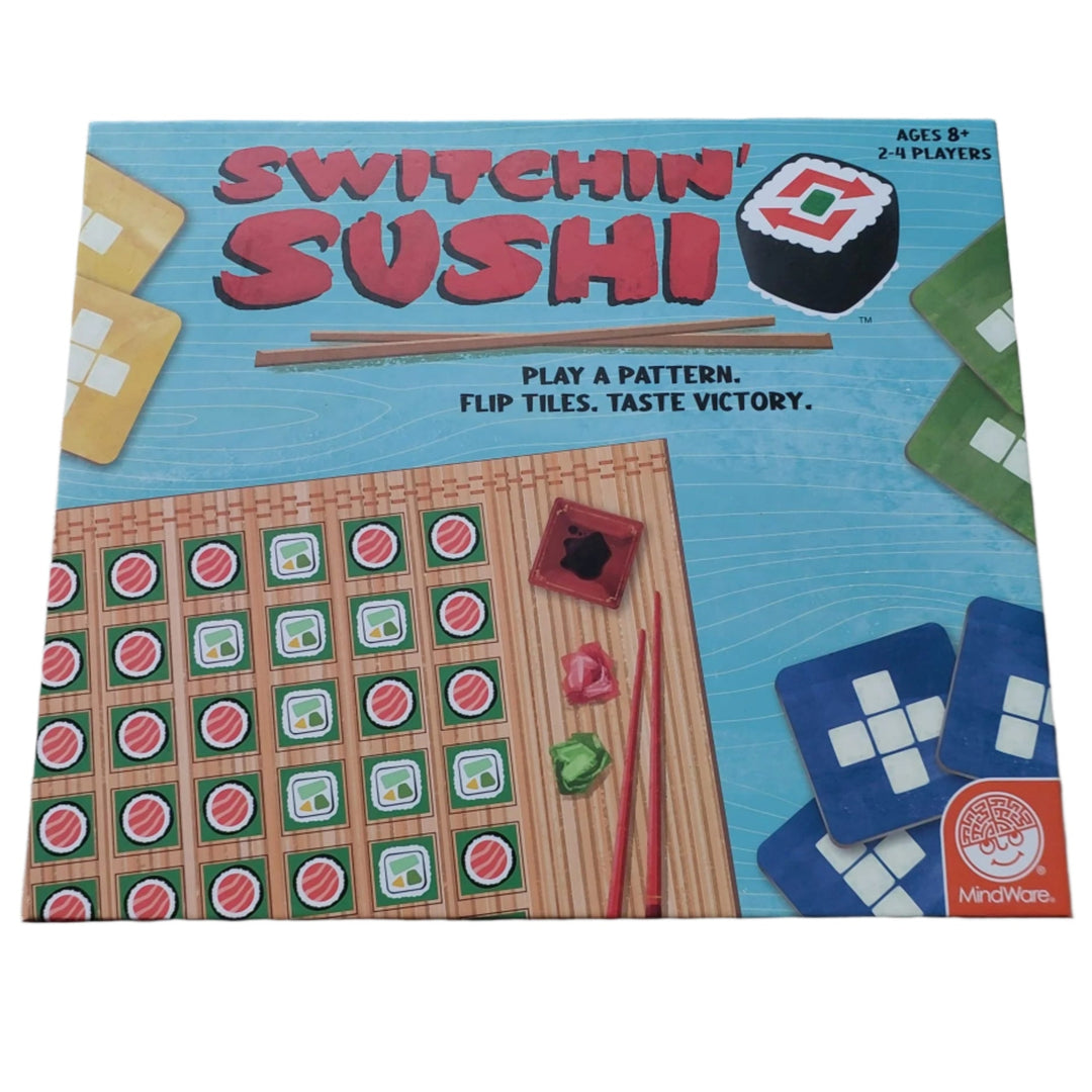 Mindware, Switchin' Sushi, This family board game turns every night into a fast-paced culinary duel of wits. Plunge into the challenge of flipping tiles and aligning patterns as players bluff, strategize and outwit each other on the delectable grid to win big. Perfect for 2-4 players, the game dishes out flavorful and vibrant fun that keeps everyone coming back for more.