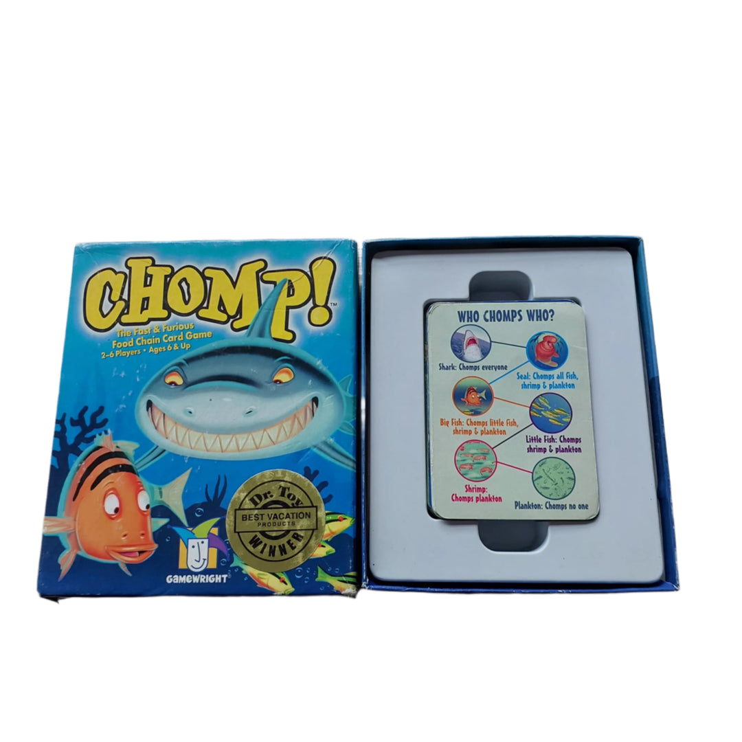 GameWright, Chomp!, The game consists of a specialized deck of 52 cards which depict various sea creatures on a food chain--plankton, shrimp, little fish, big fish, seal, shark. The higher the creature is on the food chain, the more types of creatures it can chomp.