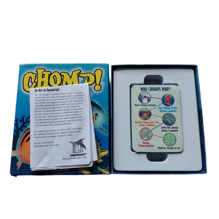 GameWright, Chomp!, The game consists of a specialized deck of 52 cards which depict various sea creatures on a food chain--plankton, shrimp, little fish, big fish, seal, shark. The higher the creature is on the food chain, the more types of creatures it can chomp.