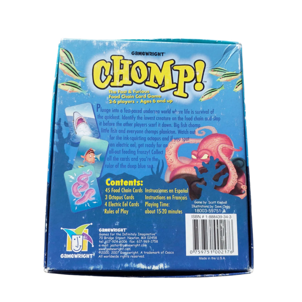 GameWright, Chomp!, The game consists of a specialized deck of 52 cards which depict various sea creatures on a food chain--plankton, shrimp, little fish, big fish, seal, shark. The higher the creature is on the food chain, the more types of creatures it can chomp.