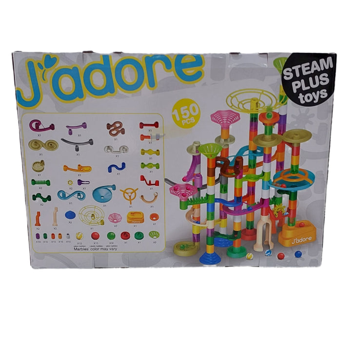 Jadore, STEM Plus Toys 150 pieces, Entertain the future engineer with hours of possibilities building their own course with J'ADORE DELUXE MARBLE FUN MAZE created and designed by Quercia-Delvigne. Activate the child's imagination, creativity, problem solving and critical thinking skills all while learning about the nature of physics of gravity at a very young age. Watch the marble in amazement do turns and dips on the tracks thanks to their own creation.