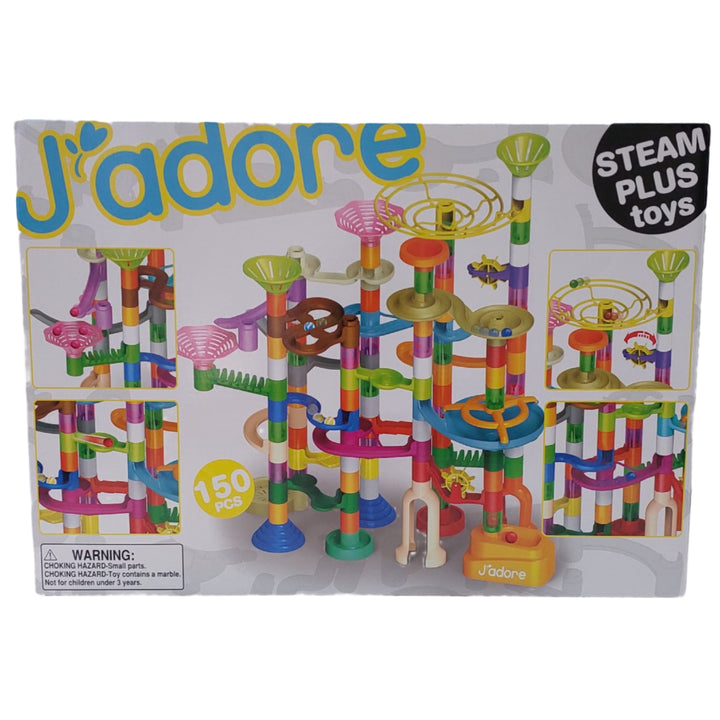 Jadore, STEM Plus Toys 150 pieces, Entertain the future engineer with hours of possibilities building their own course with J'ADORE DELUXE MARBLE FUN MAZE created and designed by Quercia-Delvigne. Activate the child's imagination, creativity, problem solving and critical thinking skills all while learning about the nature of physics of gravity at a very young age. Watch the marble in amazement do turns and dips on the tracks thanks to their own creation.