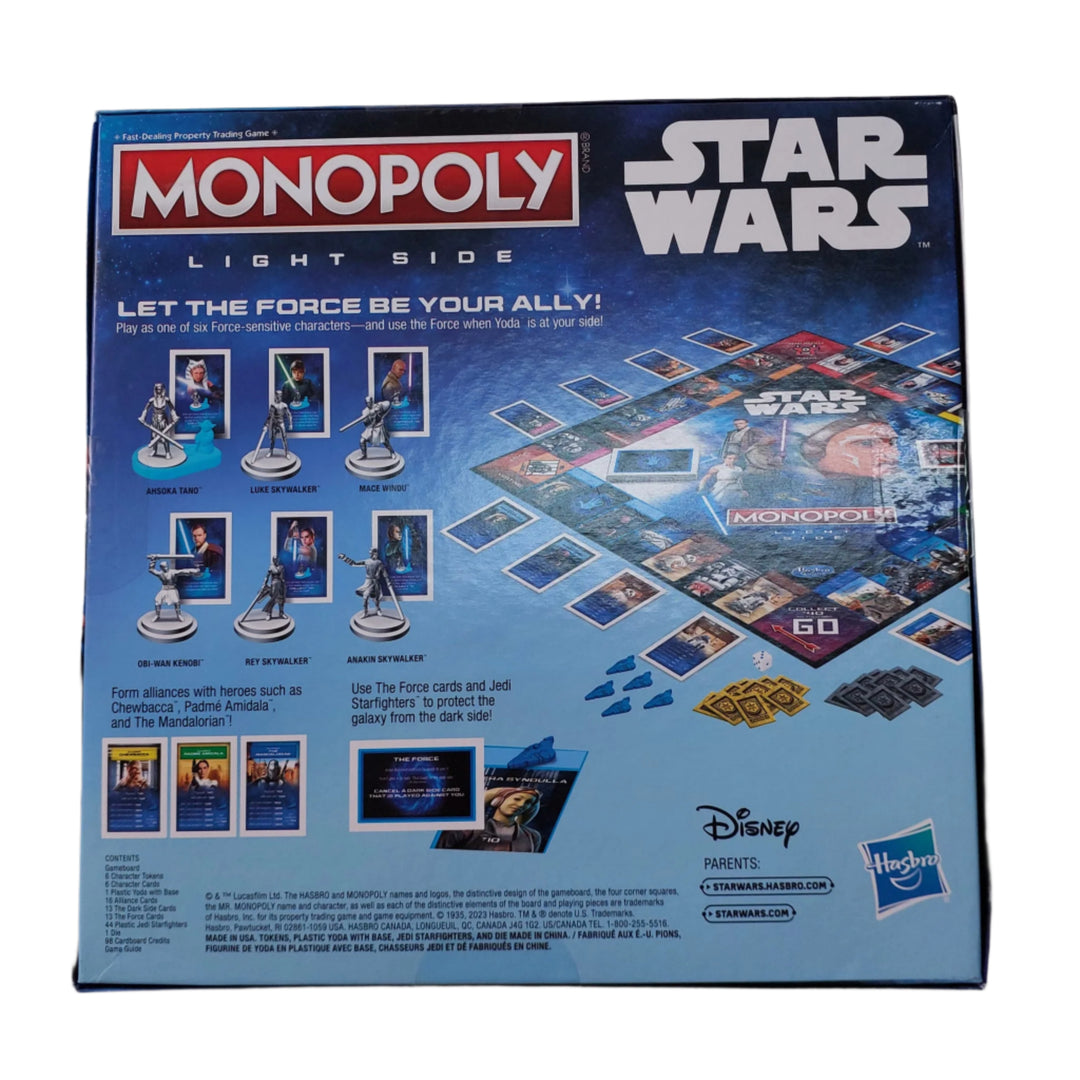 Hasbro, Monopoly Star Wars, Let the Force be your ally! In this Monopoly: Star Wars Light Side Edition board game, players form as many Rebel alliances as they can to protect the galaxy from evil! The more alliances formed, the more credits a player can collect from other players. Use Yoda and The Force cards for guidance, but beware the power of the dark side! Land on a Ship space? Jump to hyperspace and move to any Rebel hero between that Ship and the next one on the board. The last player with credits wh