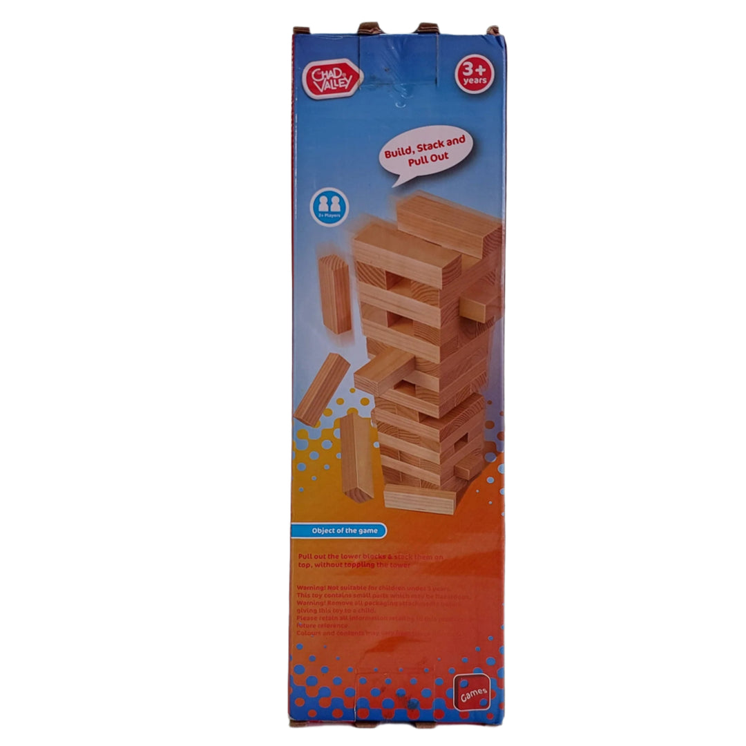 Chad Valley, Tension Tower, Can you stand the tension? With Tension Tower you build a tower of blocks and each player takes turns pushing one block out at a time and then placing it on the top of the tower. But be careful! The first one to make the tower tumble will lose the game! 2 or more players.