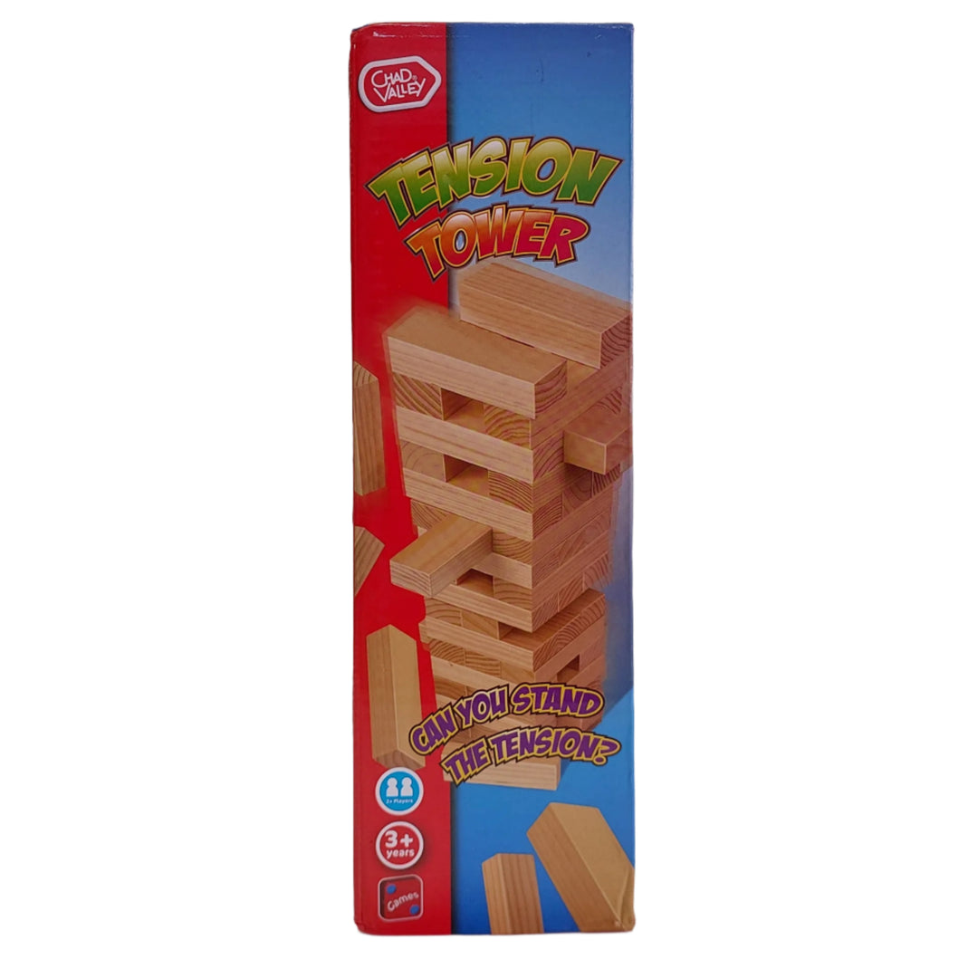 Chad Valley, Tension Tower, Can you stand the tension? With Tension Tower you build a tower of blocks and each player takes turns pushing one block out at a time and then placing it on the top of the tower. But be careful! The first one to make the tower tumble will lose the game! 2 or more players.