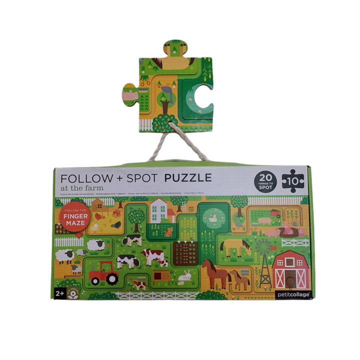 Petitcollage, At the farm puzzle, Follow the trail to get to the big red barn! Can you spot all 20 items on this friendly farm? The fun starts after this chunky 10 piece puzzle is assembled. Little ones must follow the indented maze with their finger and then spot 20 different items along the way.