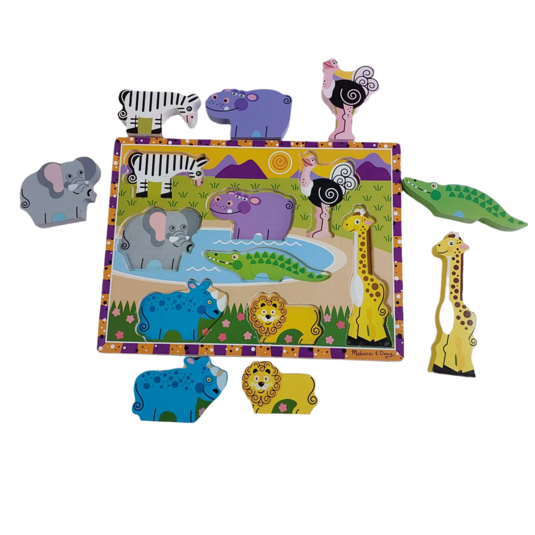 Melissa & Doug, Chunky Puzzle Safari Animals, Melissa & Doug Safari Chunky Puzzle is a hand-painted puzzle with superior craftsmanship and full colour pictures! Little ones will love how easy it is to grasp the thick, chunky wooden puzzle pieces while matching them to their respective spots on the colourful board. Full colour pictures lie beneath each piece to guide your child while these wooden puzzle pieces even stand on their own for additional pretend play! Help your child develop hand-eye coordination,