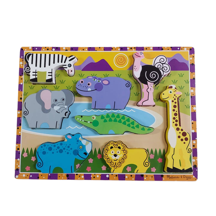 Melissa & Doug, Chunky Puzzle Safari Animals, Melissa & Doug Safari Chunky Puzzle is a hand-painted puzzle with superior craftsmanship and full colour pictures! Little ones will love how easy it is to grasp the thick, chunky wooden puzzle pieces while matching them to their respective spots on the colourful board. Full colour pictures lie beneath each piece to guide your child while these wooden puzzle pieces even stand on their own for additional pretend play! Help your child develop hand-eye coordination,