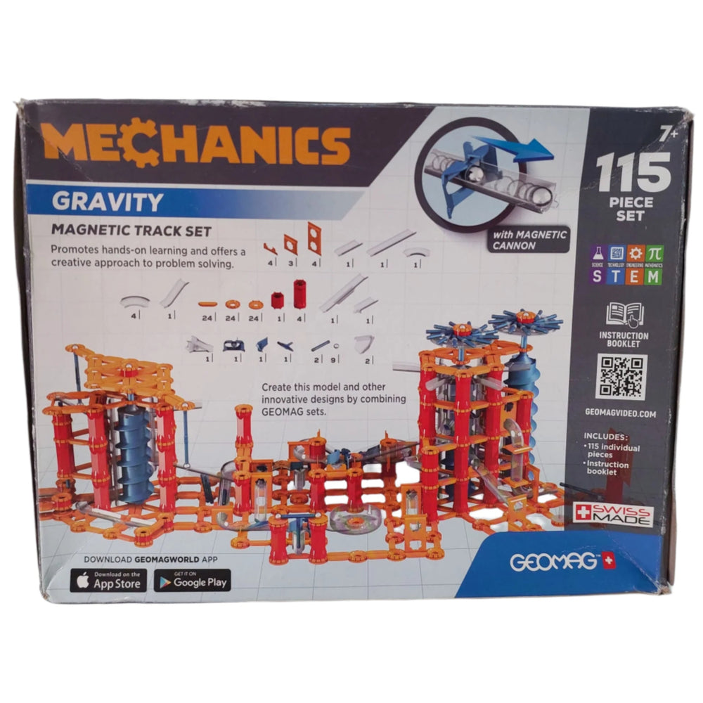 Geomag, Mechanic Gravity Magnetic Track Set (115 piece set), Mechanics Gravity Magnetic Track harnesses the invisible forces of magnetism and gravity through original and surprising means. The spheres inside the circuit are set in motion by an innovative magnetic cannon that uses the force of attraction of the accelerating magnet. This set contains 2 magnetic rods, 9 spheres and 104 plastic elements - all the essentials needed to build freely and create chain reactions.