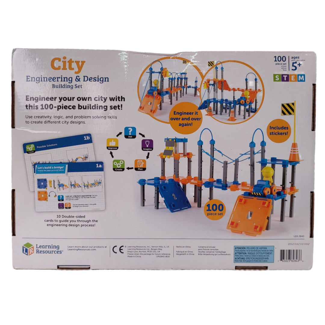 Learning resources, City Engineering & Design Building Set (100 pieces), Encourage an early love of STEM learning with this one-of-a-kind City Building Set. Your little engineers can create their own skyscrapers, cranes, bridges and more with 89 easy-to-assemble pieces. Use the included activity cards to complete design challenges, or create your own city. It's a unique way to challenge logic, problem solving, and engineering skills.