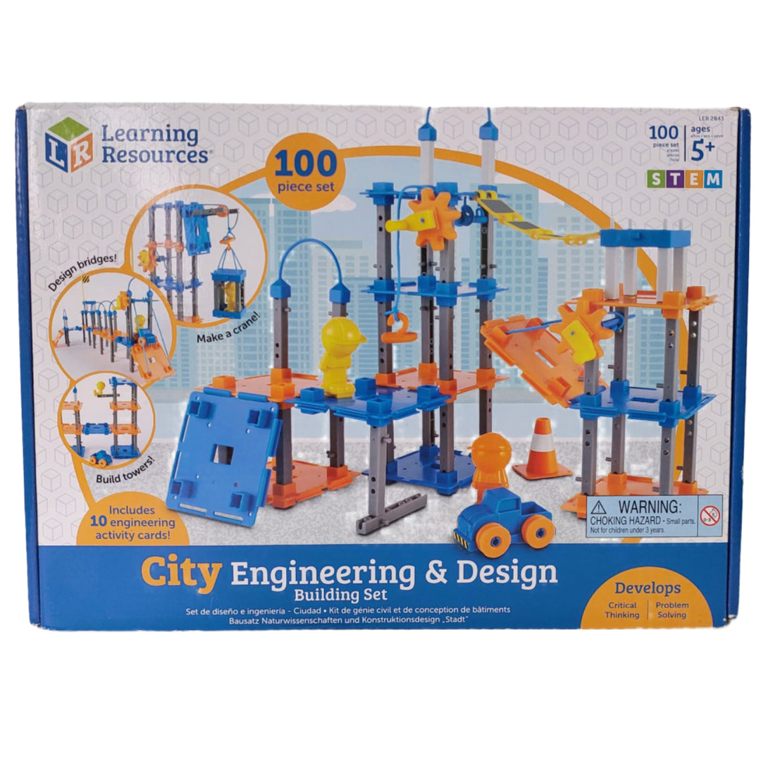 Learning resources, City Engineering & Design Building Set (100 pieces), Encourage an early love of STEM learning with this one-of-a-kind City Building Set. Your little engineers can create their own skyscrapers, cranes, bridges and more with 89 easy-to-assemble pieces. Use the included activity cards to complete design challenges, or create your own city. It's a unique way to challenge logic, problem solving, and engineering skills.