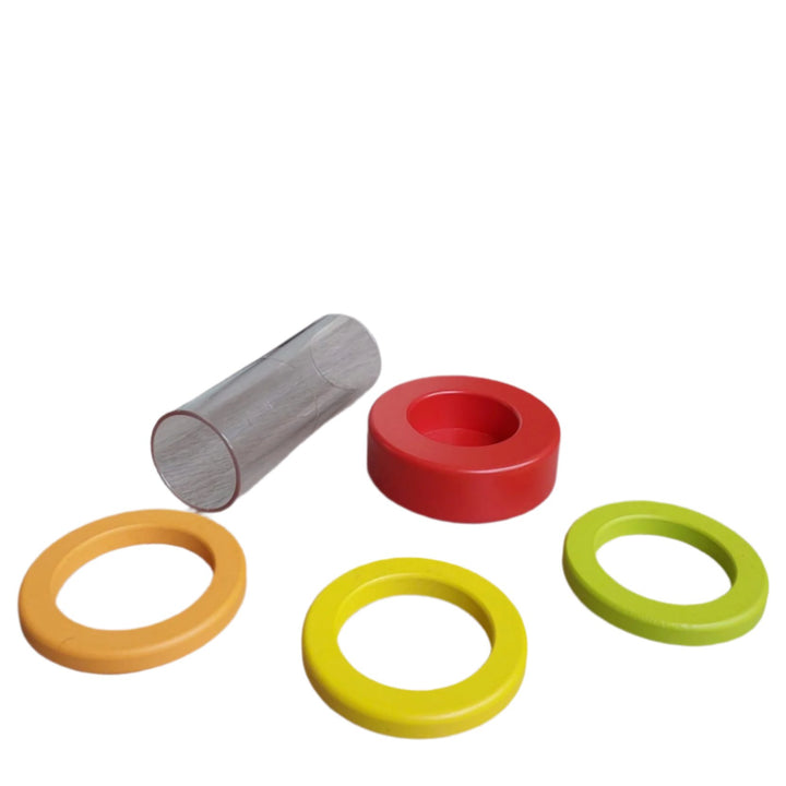 Lovevery, Clear Tube With Stacking Rings (Explorer Play Kit), This colorful toy is designed to teach ring stacking, containment and problem-solving. From the Lovevery Explorer Play Kit.