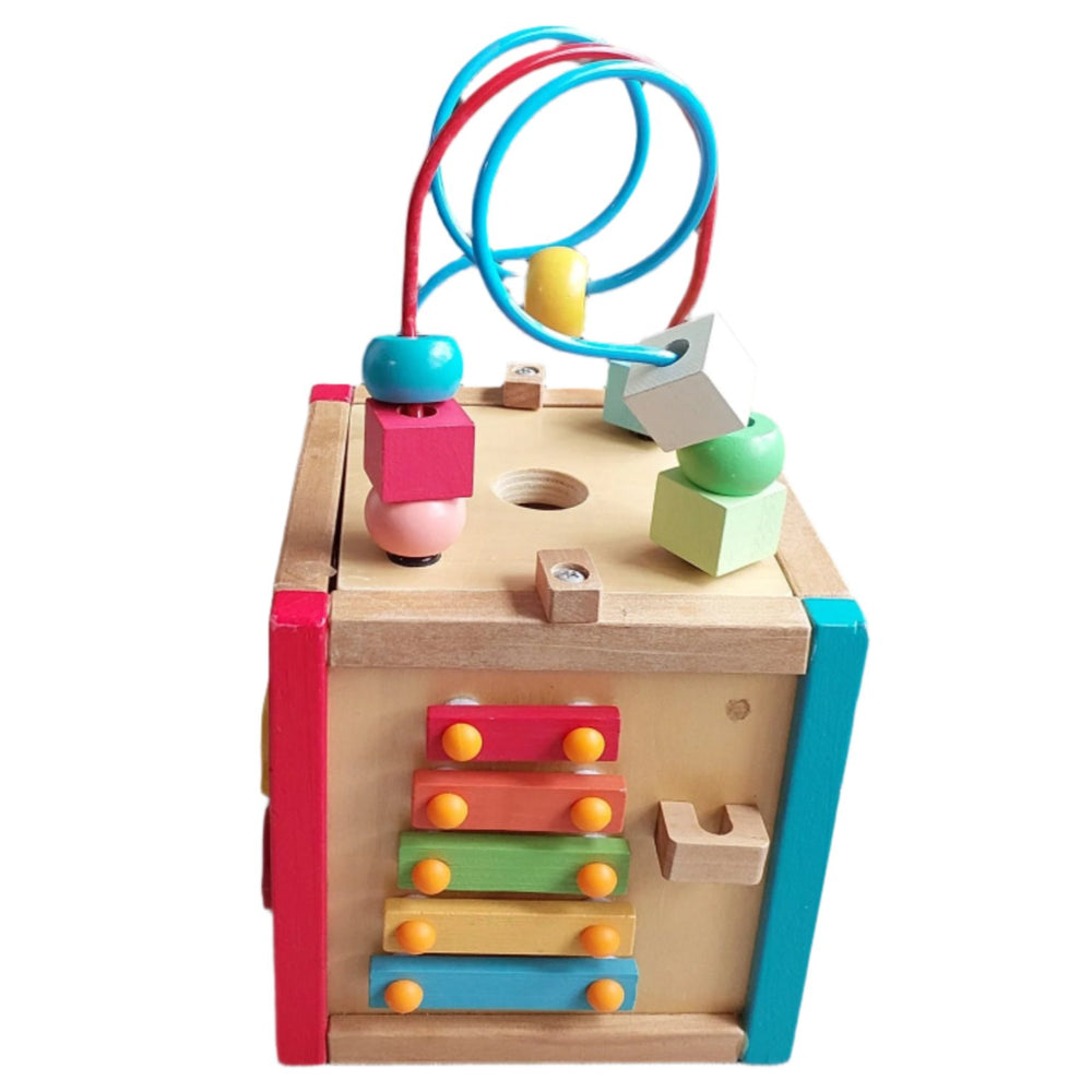 ELC, Early Learning Centre Mini Wooden Activity Cube, The Mini Wooden Activity Cube features vibrant colors and five activities. This classic wooden toy is perfect for fine motor skills, hand-eye coordination, and problem solving and is filled with early learning opportunities. The interactive features help little fingers get nimble for dressing, drawing, and writing, boosts your child’s reactions, and encourages your child to think creatively.