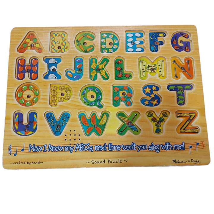 Melissa & Doug, This 26-piece alphabet sound puzzle pronounces the name of each letter when it is placed correctly in the sturdy wooden puzzle board! Colorful wooden pieces are slightly raised above the puzzle board for easy grasping. Pictures underneath each piece help reinforce the relationship between letters and their sounds. Kids three and older will love learning their ABCs while developing fine motor and sensory skills.