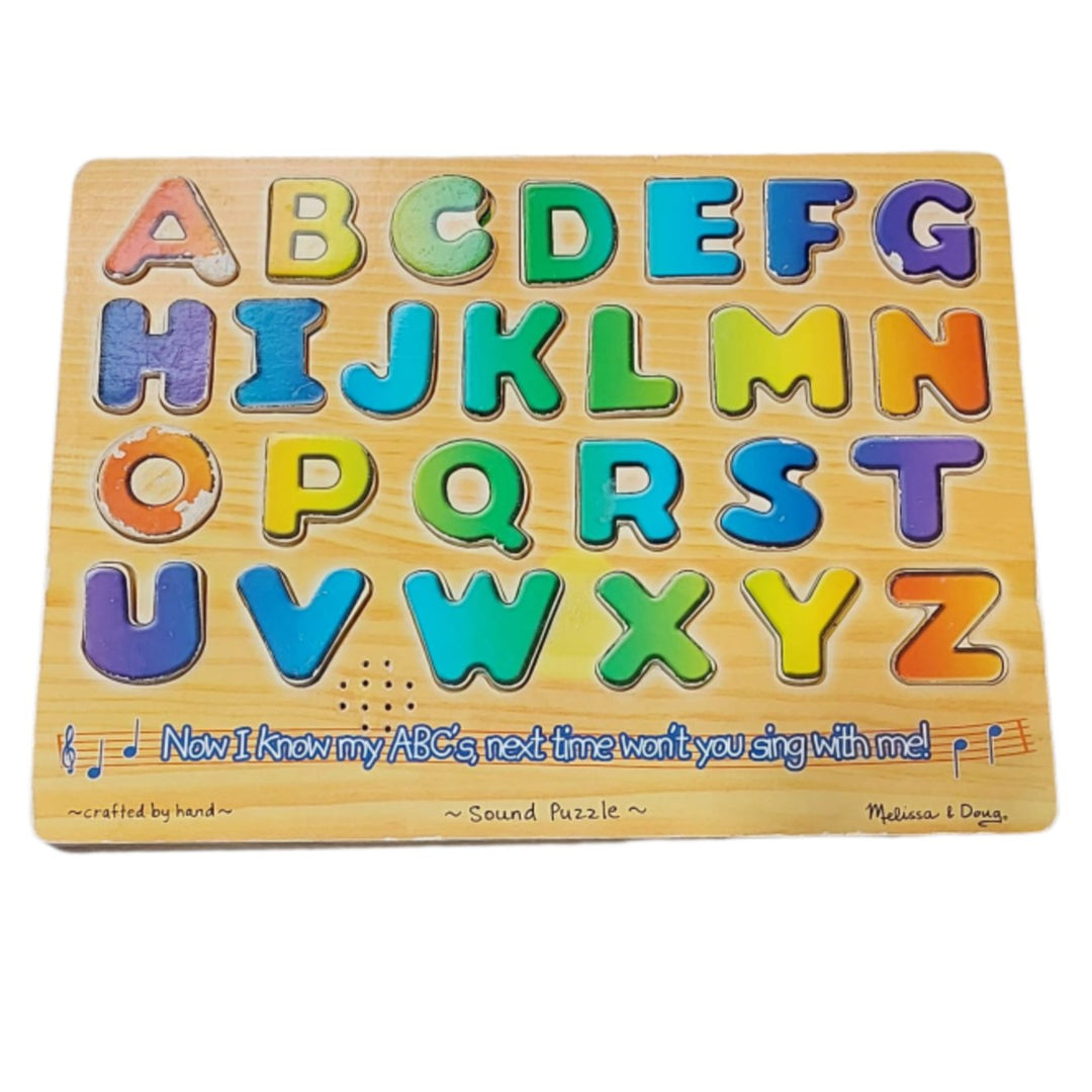 Melissa & Doug, This 26-piece alphabet sound puzzle pronounces the name of each letter when it is placed correctly in the sturdy wooden puzzle board! Colorful wooden pieces are slightly raised above the puzzle board for easy grasping. Pictures underneath each piece help reinforce the relationship between letters and their sounds. Kids three and older will love learning their ABCs while developing fine motor and sensory skills.