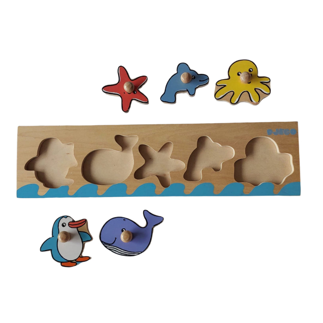 Djeco, The Sea'n'co puzzle from Djeco with 5 pieces, Sea Animals Wooden Knob Puzzle