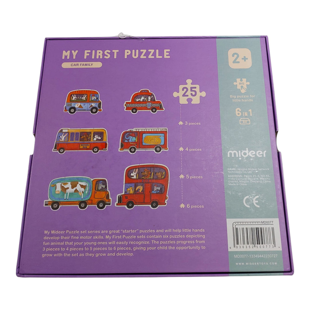 Mideer, This 6-in-1 puzzle set features colorful construction site scenes with engaging vehicles and characters, designed to captivate young minds. With graduated difficulty levels, starting from 3 pieces and progressing to 28 pieces, it grows with your child's developing skills.