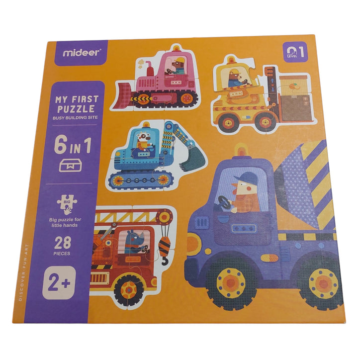 Mideer, This 6-in-1 puzzle set features colorful construction site scenes with engaging vehicles and characters, designed to captivate young minds. With graduated difficulty levels, starting from 3 pieces and progressing to 28 pieces, it grows with your child's developing skills.