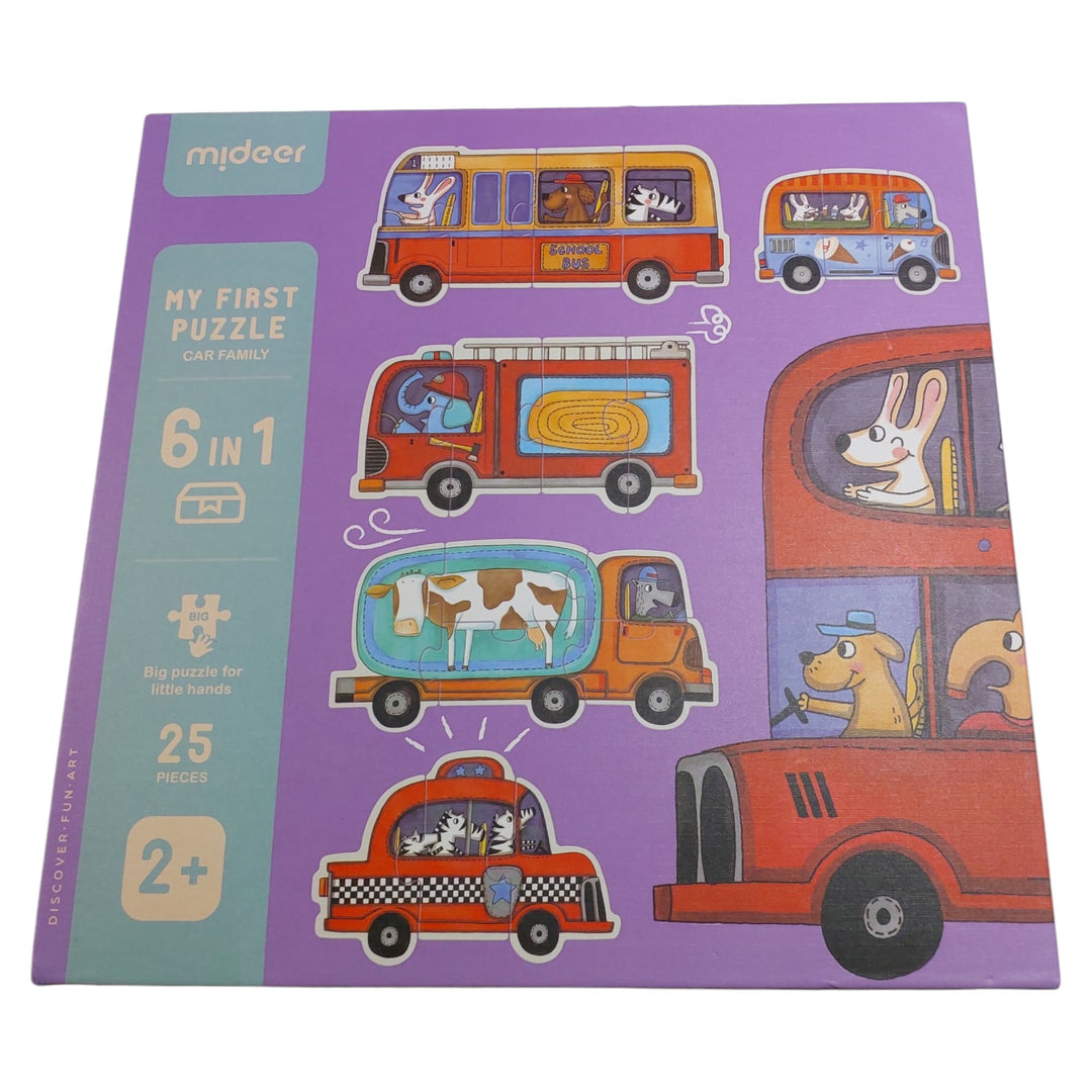 Mideer, This delightful 6-in-1 puzzle set features six charming car-themed puzzles, each with a different number of pieces to grow with your child's developing skills.&nbsp;From the simple 3-piece puzzles to the more challenging 25-piece puzzle, your little one will have hours of fun putting together these colorful vehicles and their friendly drivers.