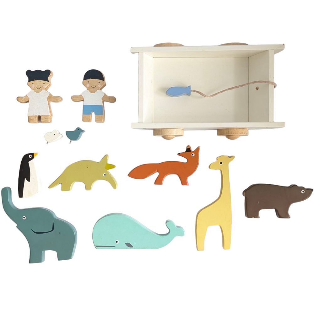 Tender Leaf, The Friend Ship, Creative & Imaginative Play, All aboard the Friend Ship!  A perfect gift for any toddler, this set is made from sustainable rubber wood and is painted in soft contemporary colours. The set of animals feature, and elephant, giraffe, anteater, whale, fox, penguin, bear and a little boy and girl each carrying a small mouse and bird. Pull them along in their cute white boat with natural wood wheels.