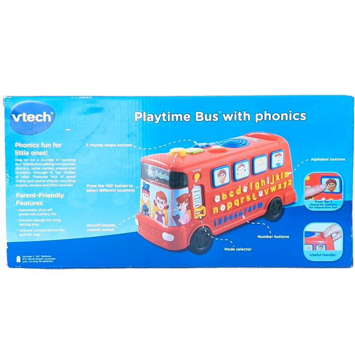 VTech, Playtime bus with Phonics, Sensory & Language Development, Interactive talking bus teaches phonics, letter names and numbers through 4 modes of play. Select your destination from the school, zoo or train station to hear a sing-along song or fun phrase. Chunky buttons on the top of the bus call out shapes while the smiling passengers say funny phrases when pressed. Features a wide selection of musical melodies in various styles and fun sound effects including horn, brake and accelerator!