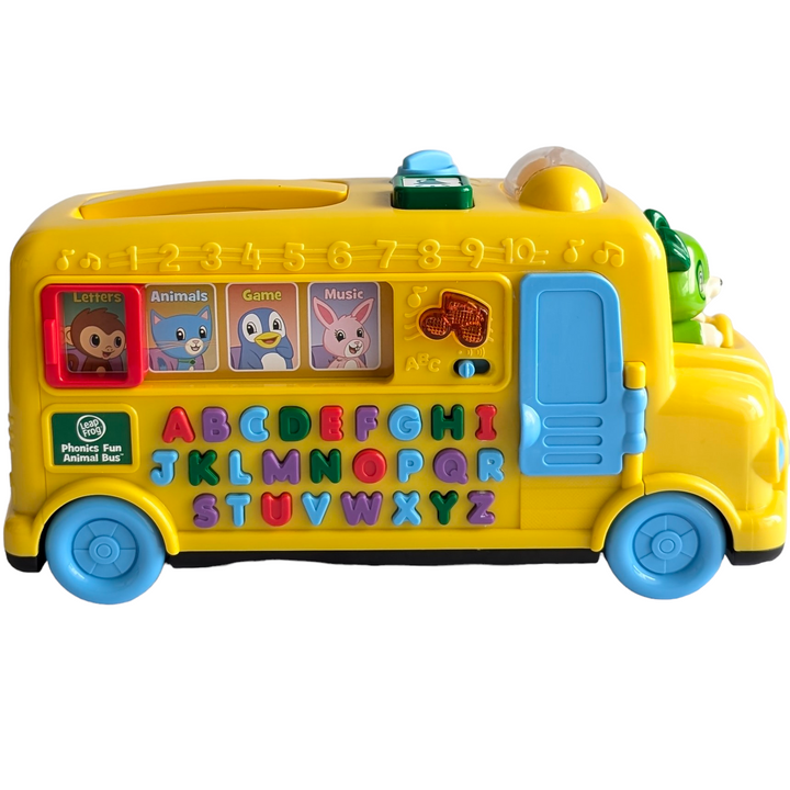 Leapfrog, Phonics Fun Animal Bus, Sensory & Language Development, Hop on board the Phonics Fun Animal Bus with Scout and his adorable animal friends. This bright yellow school bus features 26 colorful letter buttons that come alive with unique and silly personalities. Press a letter button in letter mode to hear its name and sound. Animal mode introduces an animal that begins with the selected letter, its letter sound and the sound the animal makes. 