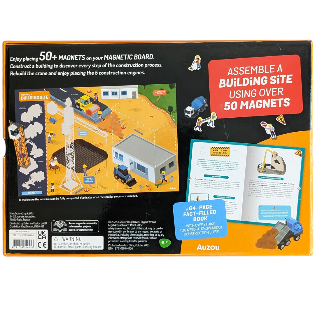 Auzou, Exploring a Building Site, Cognitive & Motor Skills Development, Using the 50 magnets on your magnetic board, construct a construction site. Build a structure to learn about each stage of the building process. Enjoy arranging the five construction engines while rebuilding the crane. After that, study the information-rich book to get all the knowledge you require on building sites.