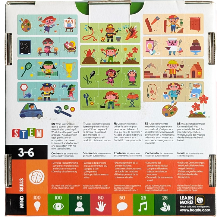 Headu, Trio Logic Game, Cognitive & Motor Skills Development, What instruments does a painter use in order to realise his paintings? What does the pastry cook produce? Associate with each profession or occupation the correct instrument and what each one can obtain with his own special talent.