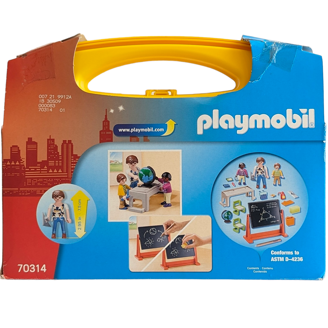 Playmobil, City life school carry case, Social & Emotional Development, Take-along learning fun with the School Carry Case. The travel-friendly playset features a swivelling blackboard, which can be written on using the included pencil. The writing can then be erased using the included sponge. The playset is complete with three figures, furniture and accessories.