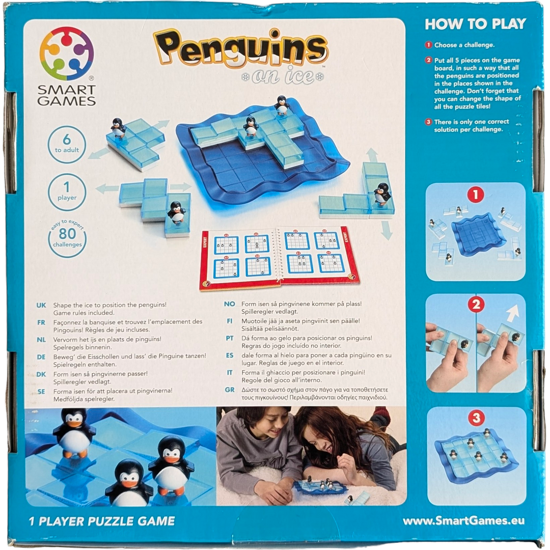 Smart Games, Penguins on ice, STEM & Critical Thinking , To keep the penguins on ice, use your imagination. Can you fill the ice up to the point when all of the puzzle tiles fit on the game board? Please check that every penguin is positioned correctly. The first game where the puzzle pieces themselves create the puzzle is called Penguins on Ice. because each puzzle piece in the original brain game has the ability to change shape.