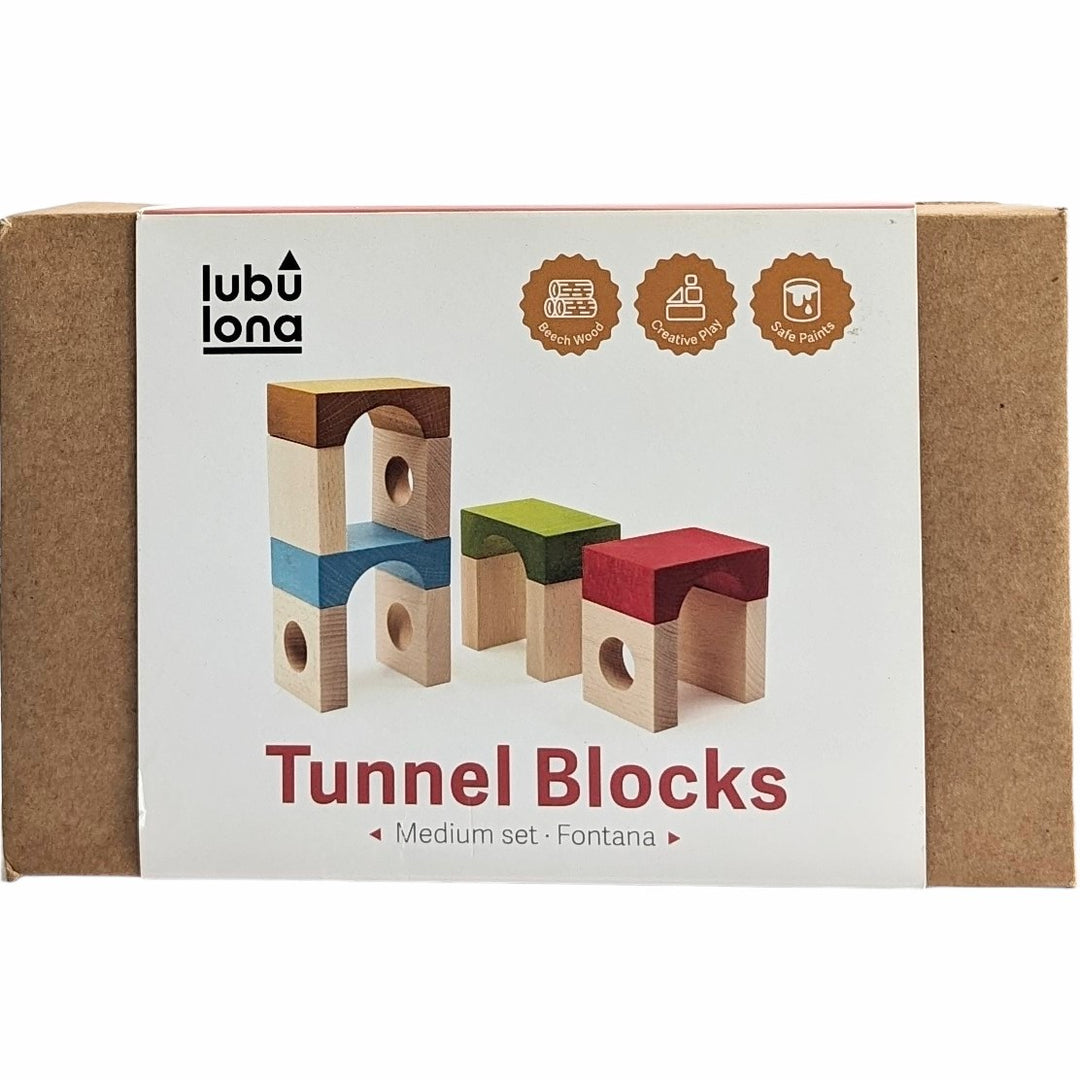 Lubulona, Tunnel Block, Cognitive & Motor Skills Development, This pack of Tunnel Blocks includes 16 tunnel top blocks, 2 of each colour (lime, plum, grey, dark blue, ochre, red, dark grey and sky blue), as well as 16 wall blocks with a round window and 16 wall blocks without the window. Start constructing tunnels, garages, buildings and anything else that comes to mind.  Made of natural high quality beech wood and coloured with non-toxic stains.